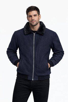 Twenhil - DAR KESİM KÜRKLÜ YAKA KAŞE MONT LACİVERT