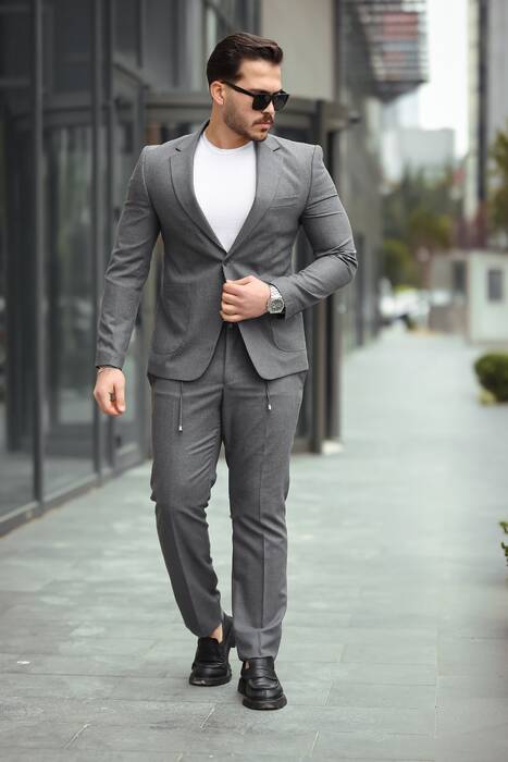 DAR KESİM TAKIM ELBİSE İPLİ PANTOLON ORTA GRİ