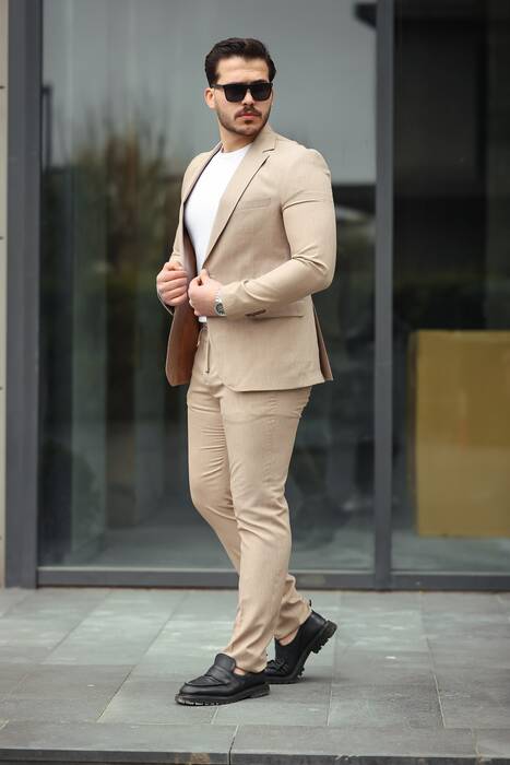 DAR KESİM TAKIM ELBİSE İPLİ PANTOLON BEJ
