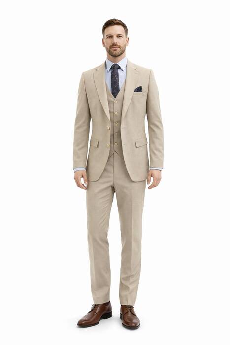 DAR KESİM YELEKLİ TAKIM ELBİSE BEJ