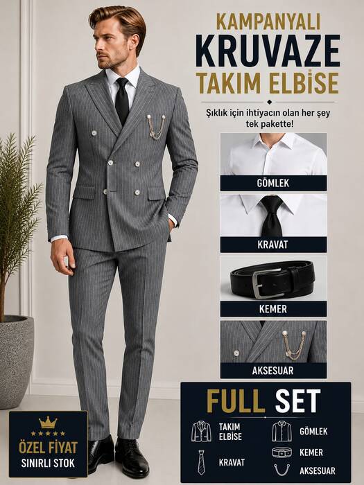 KRUVAZE FULL SET TAKIM ELBİSE GRİ DAR KESİM