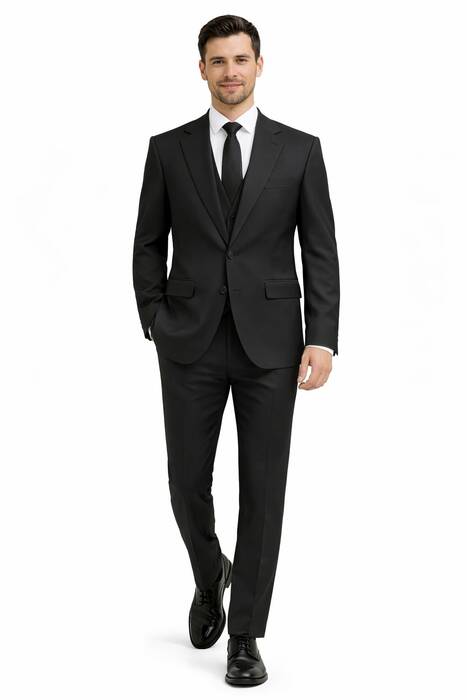 DAR KESİM YELEKLİ TAKIM ELBİSE SİYAH