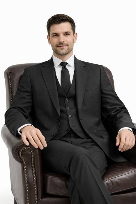 DAR KESİM YELEKLİ TAKIM ELBİSE SİYAH